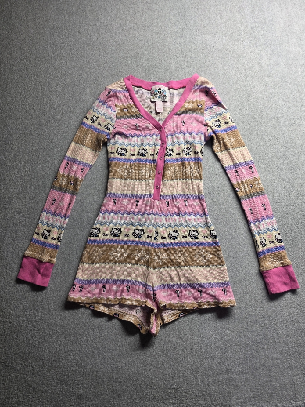 Hello Kitty Pink & Tan Fair Isle One-Piece Romper Women's Size Small